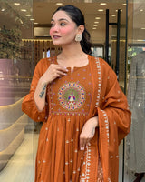 Rust Orange Embroidered Cotton kurta & pant with malmal dupatta