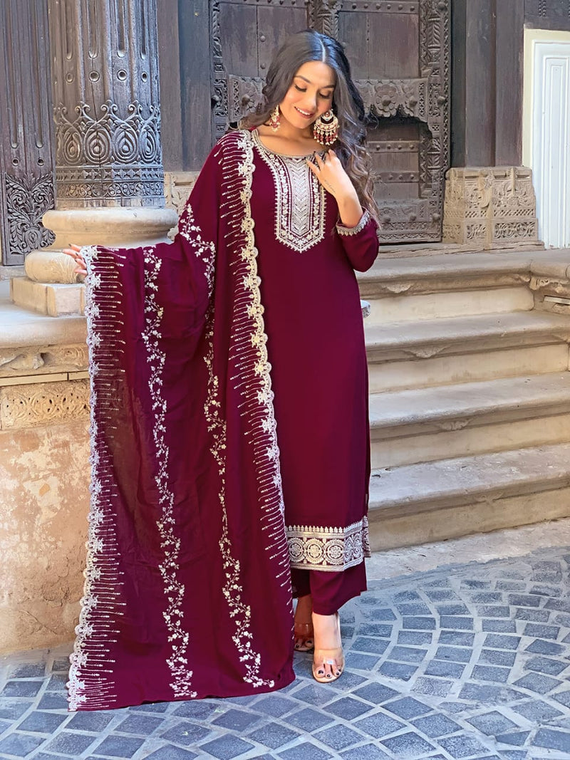 Maroon Embroidered Kurta Set with Dupatta