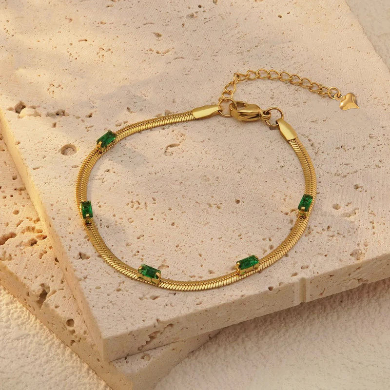 Gold Toned Anti Tarnish Snake Chain Green Emerald Studded Wraparound Bracelet