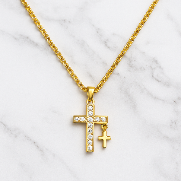 Gold-Plated Dual Cross Pendant Necklace with Cubic Zirconia