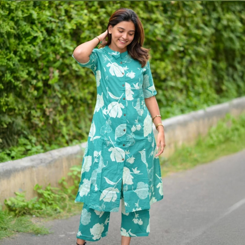 Teal Green Botanical Print Cotton Co-ord Set