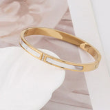 Gold Toned Mother of Pearls Contemporary Anti-Tarnish Bracelet with Enamel Inlay & Crystal Accents