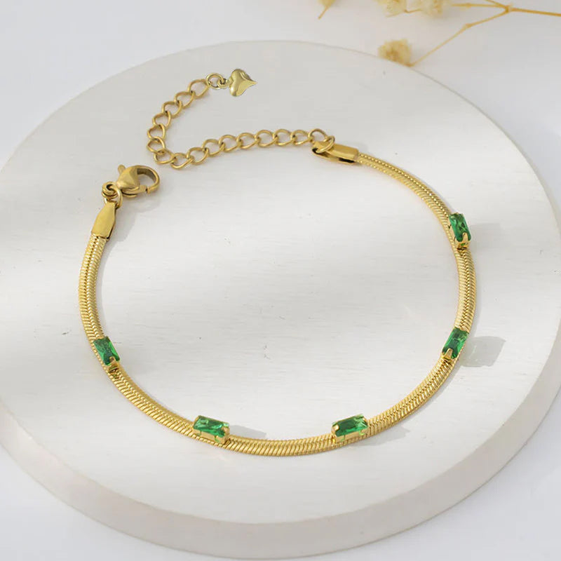Gold Toned Anti Tarnish Snake Chain Green Emerald Studded Wraparound Bracelet