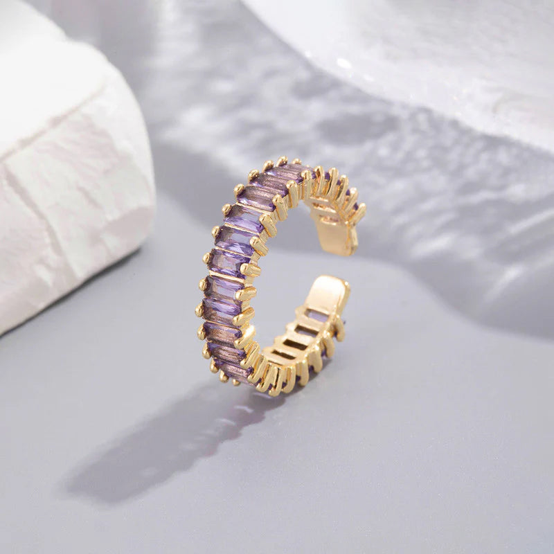 Gold Toned Anti Tarnish Purple Adjustable Finger Ring  with Lavender Baguette-Cut Stones