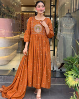 Rust Orange Embroidered Cotton kurta & pant with malmal dupatta