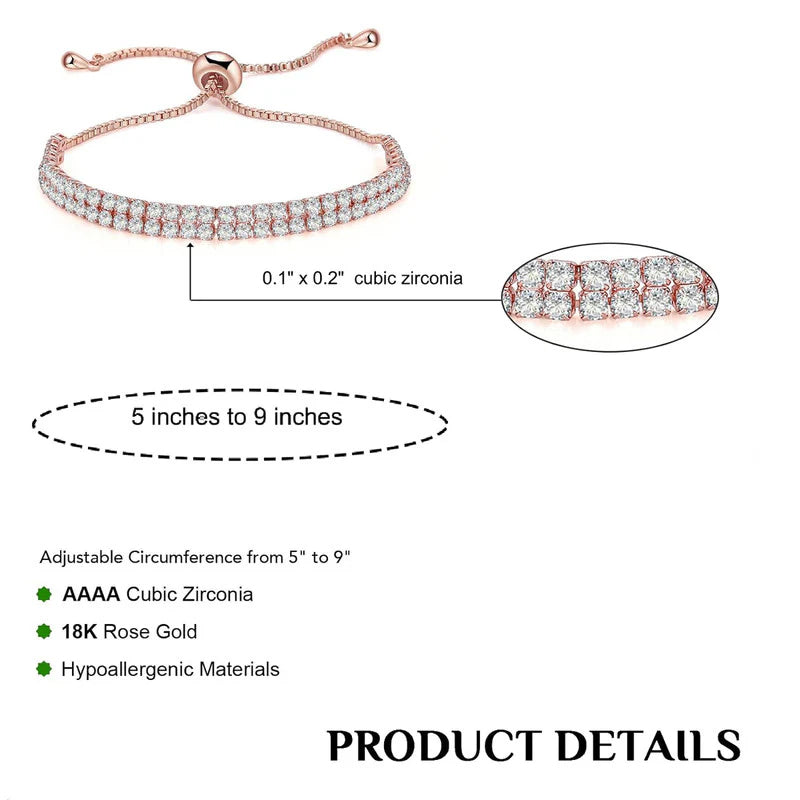 Elegant Rose Gold Toned Dual Strand Round Cut Cubic Zirconia White Matrix Adjustable Tennis Bracelet