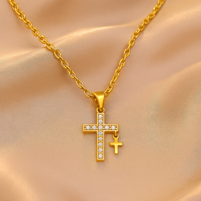 Gold-Plated Dual Cross Pendant Necklace with Cubic Zirconia