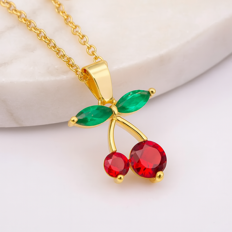 Gold-Plated Cherry Pendant Necklace with Red & Green Stones