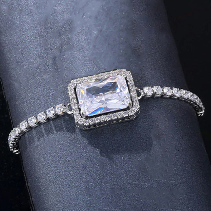 Luxurious Silver-Toned Statement Bracelet with Rectangular Crystal Centerpiece for Women