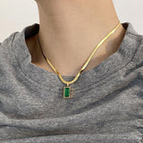 Gold-Toned Snake Chain Anti Tarnish Emerald-Green Rectangular Pendant