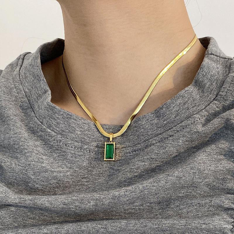 Gold-Toned Snake Chain Anti Tarnish Emerald-Green Rectangular Pendant