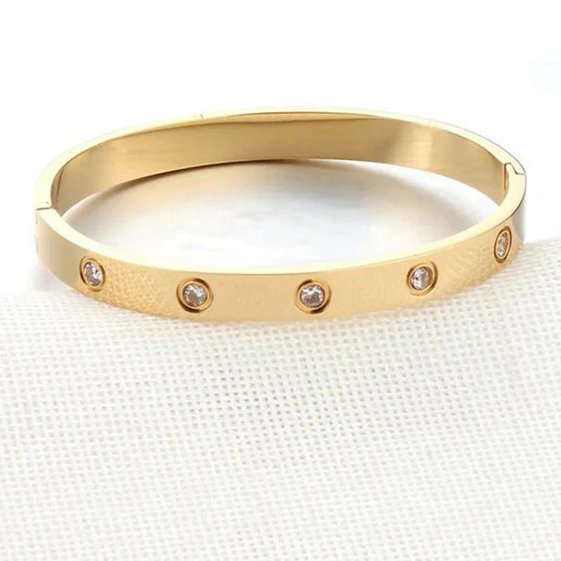 Stainless Steel Contemporary Gold Toned Love AD Anti-Tarnish Bracelet with Crystal Accents