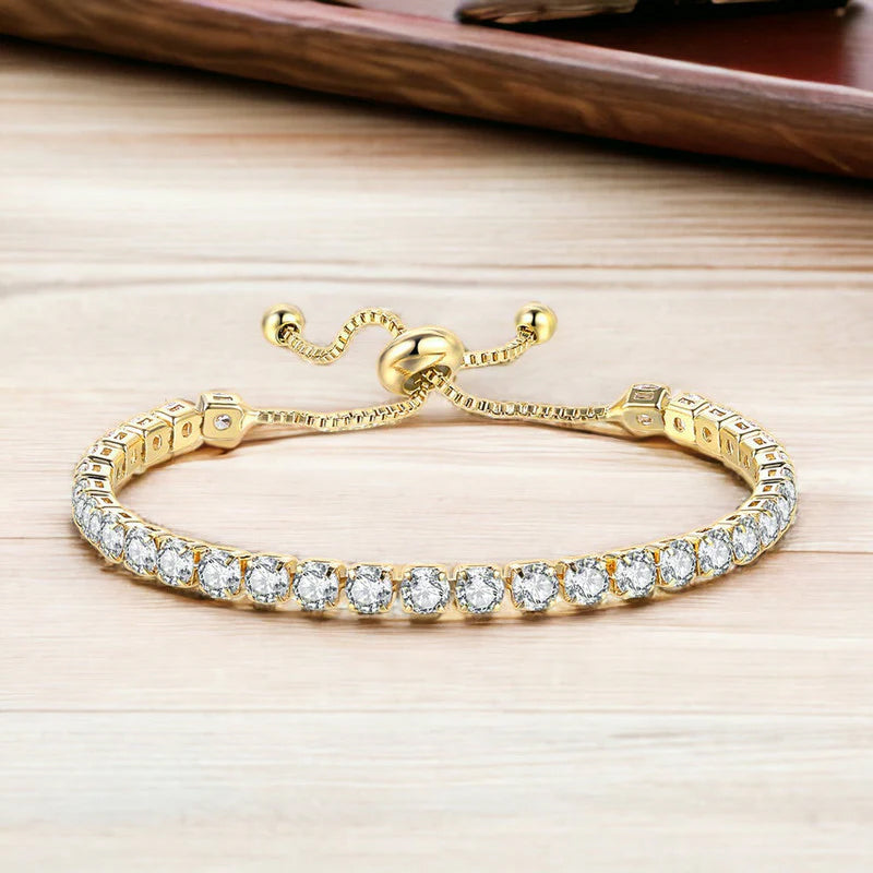 Gold Toned Round Cut with Sparkling Cubic Zirconia White Matrix Adjustable Tennis Bracelet