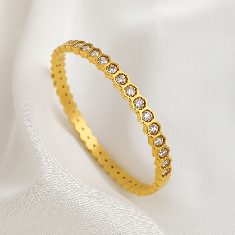 Gold-Plated Geometric CZ-Studded Bangle for Women
