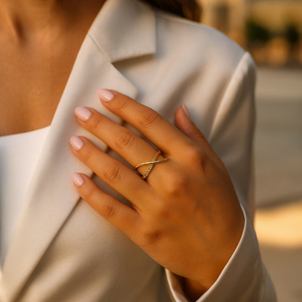 Gold-Plated Adjustable Crossover Ring with CZ Accents