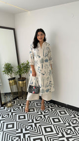 Off-White & Indigo Blue Printed A-Line Kurta with Wide-Leg Trousers