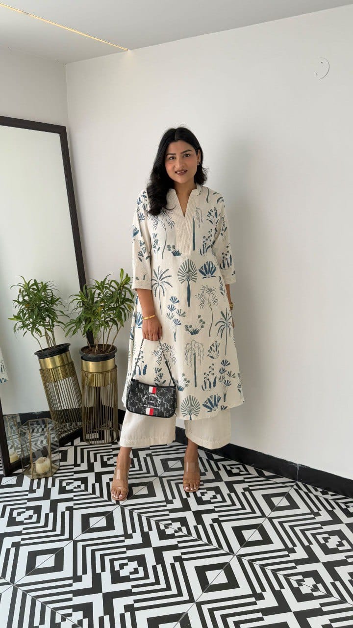 Off-White & Indigo Blue Printed A-Line Kurta with Wide-Leg Trousers