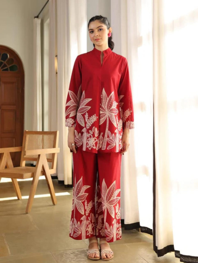 Red Floral Printed Co-ord Set with Mandarin Collar Top