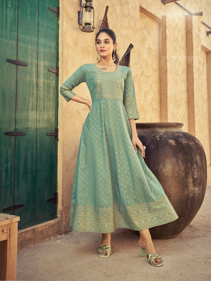 Sea Green Embroidered Anarkali Kurti with Gold Print & 3/4th Sleeves