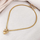 Gold Toned Anti Tarnish Snake Chain Necklace with Bow and Heart Pendant