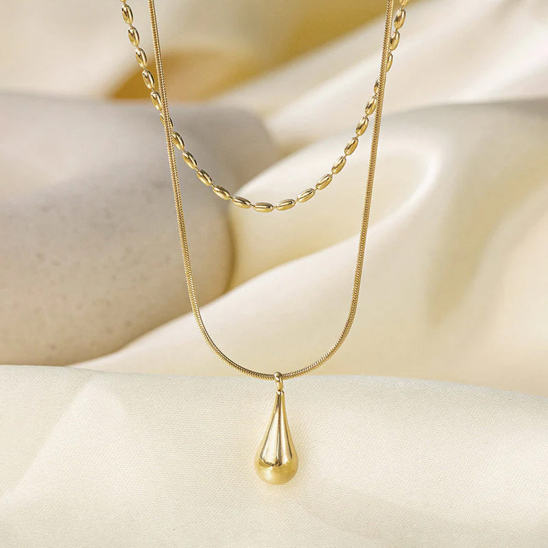 Gold-Toned Anti Tarnish Minimalistic Teardrop Layered Necklace
