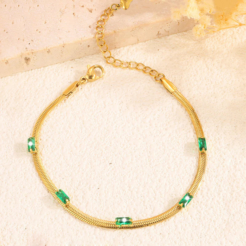 Gold Toned Anti Tarnish Snake Chain Green Emerald Studded Wraparound Bracelet