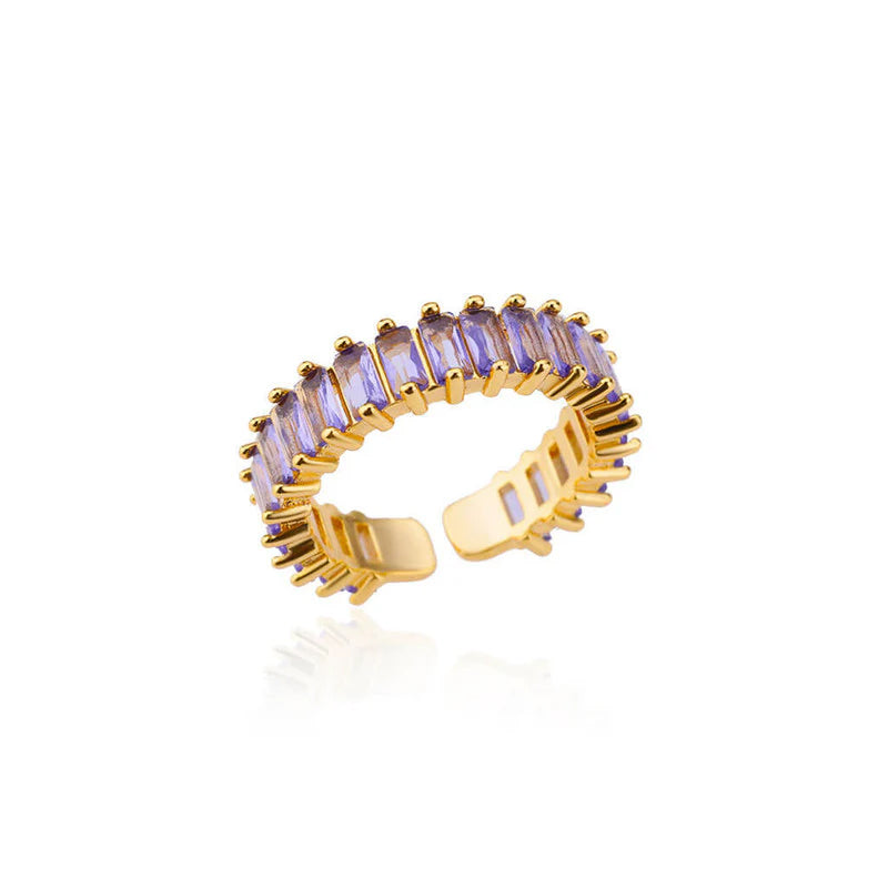 Gold Toned Anti Tarnish Purple Adjustable Finger Ring  with Lavender Baguette-Cut Stones