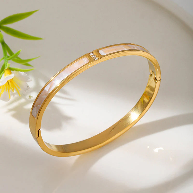 Gold Toned Mother of Pearls Contemporary Anti-Tarnish Bracelet with Enamel Inlay & Crystal Accents