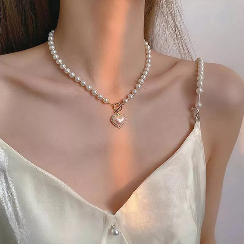Elegant White Gold Toned Heart inspired Pearl Necklace For Women