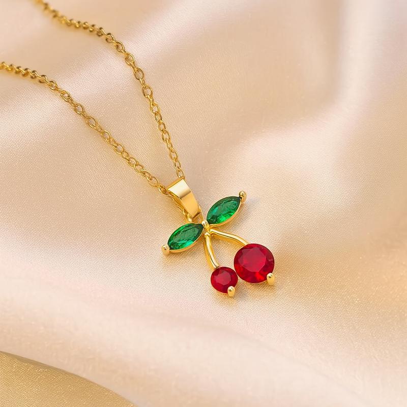 Gold-Plated Cherry Pendant Necklace with Red & Green Stones
