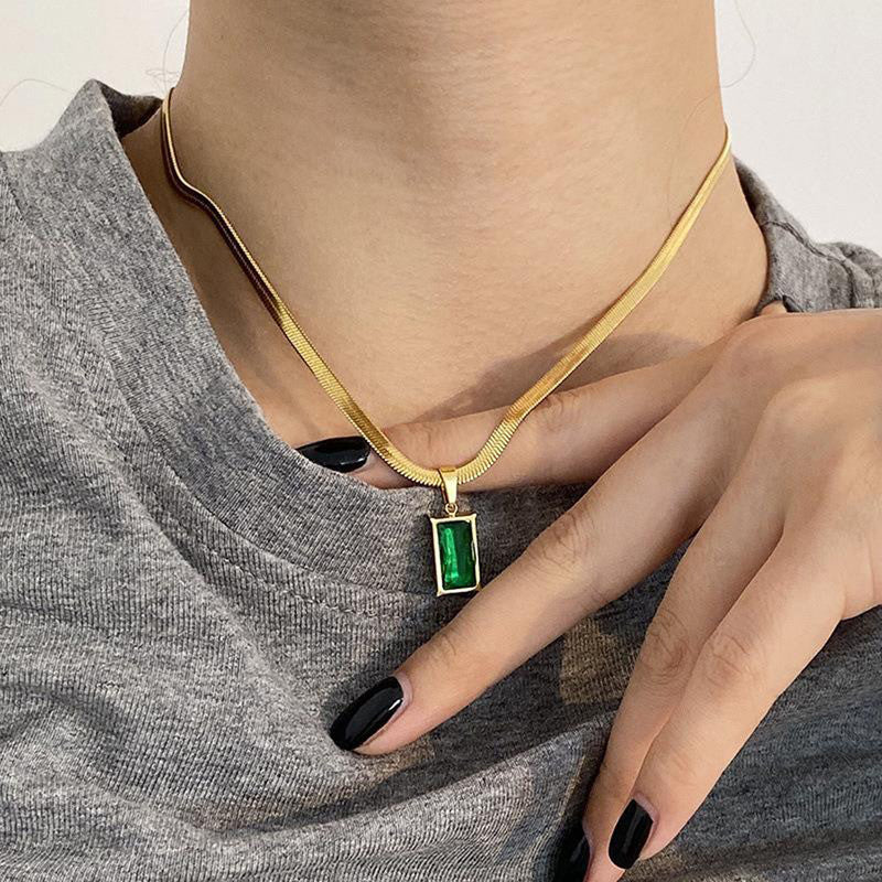 Gold-Toned Snake Chain Anti Tarnish Emerald-Green Rectangular Pendant