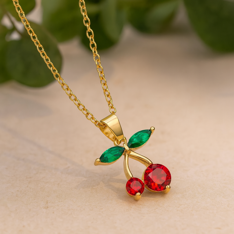 Gold-Plated Cherry Pendant Necklace with Red & Green Stones