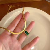 Gold-Toned Snake Chain Anti Tarnish Emerald-Green Rectangular Pendant