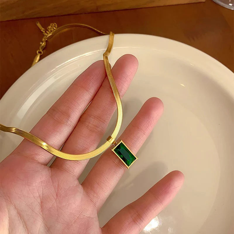Gold-Toned Snake Chain Anti Tarnish Emerald-Green Rectangular Pendant