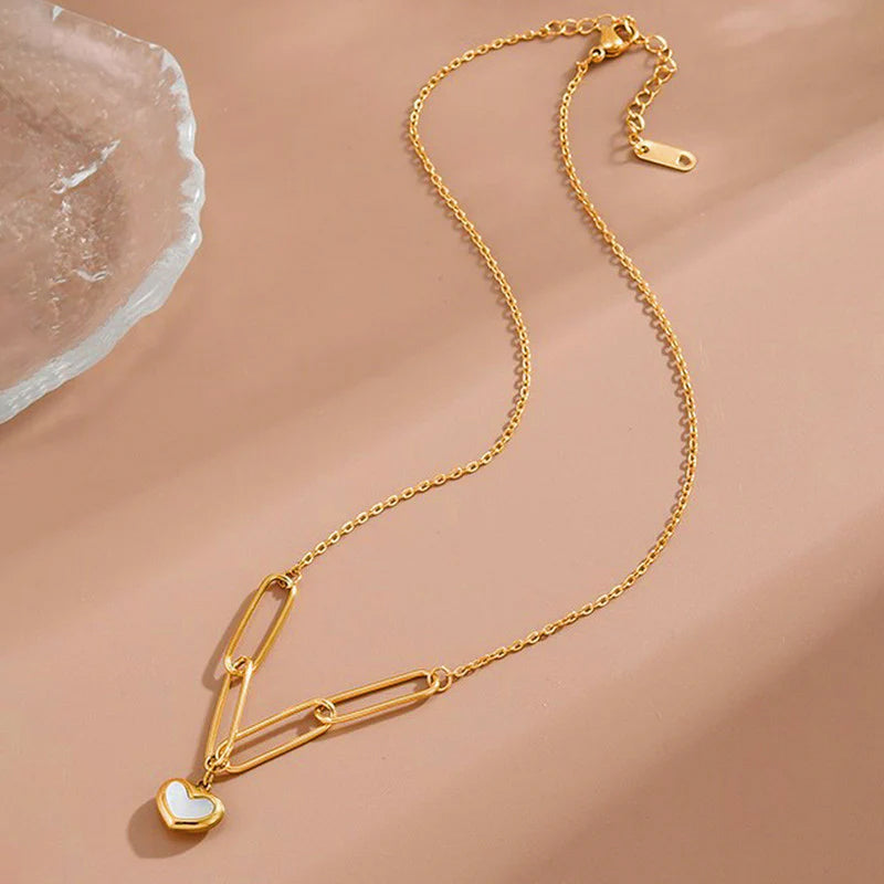 Gold-Toned Chain-Link Necklace with White Enamel Pendant Anti Tarnish Heart Themed Pendant