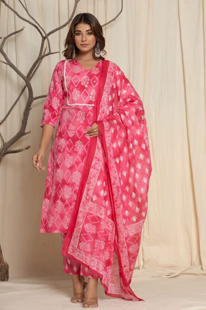 Rani Pink Ethnic Printed Cotton Kurta with Dupatta