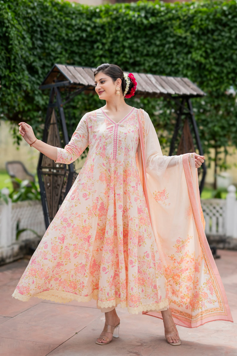 Peach Floral Anarkali Kurti Set with Dupatta