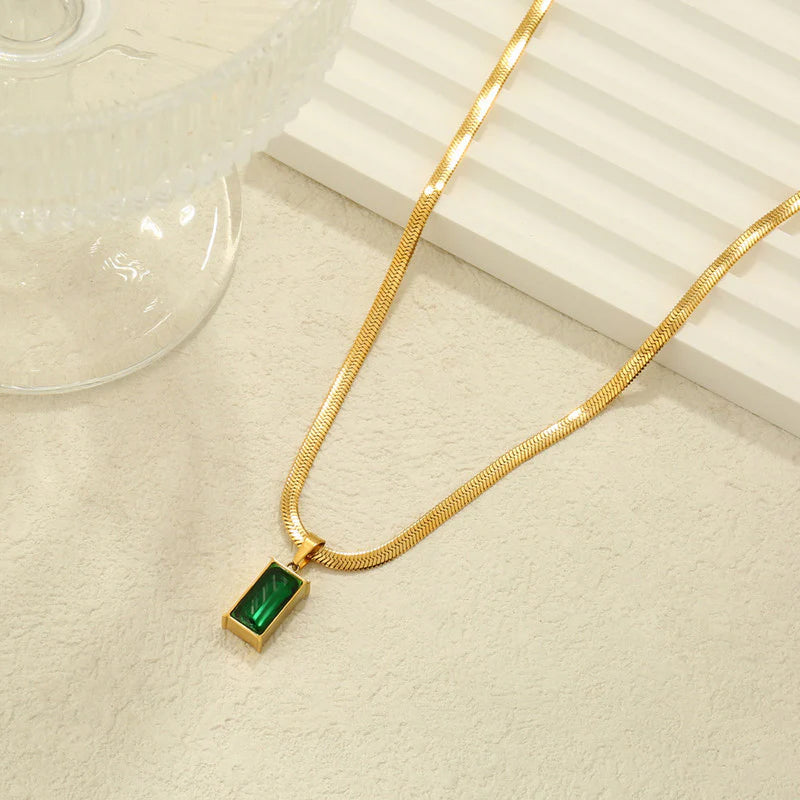 Gold-Toned Snake Chain Anti Tarnish Emerald-Green Rectangular Pendant