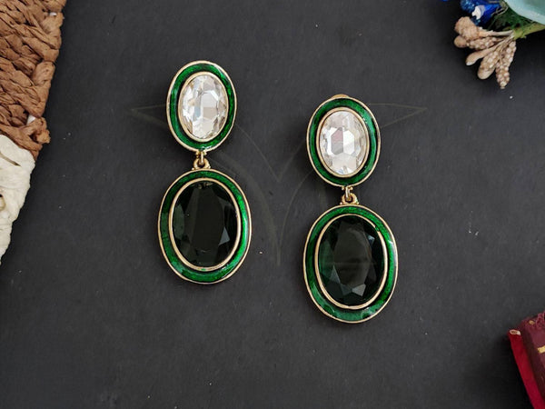 Antique Gold Dual-Tone Drop Earrings with Green Enamel