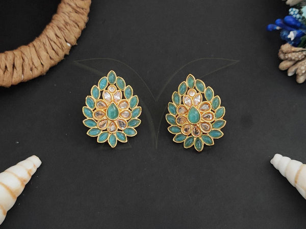 Antique Gold-Toned Peacock-Inspired Green Stud Earrings