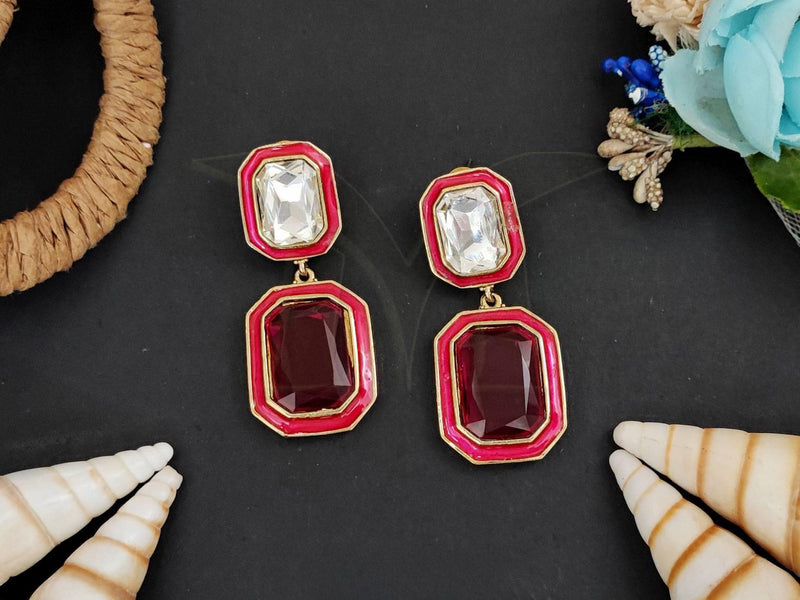 Antique Red & White Stone Drop Earrings with Gold Finish