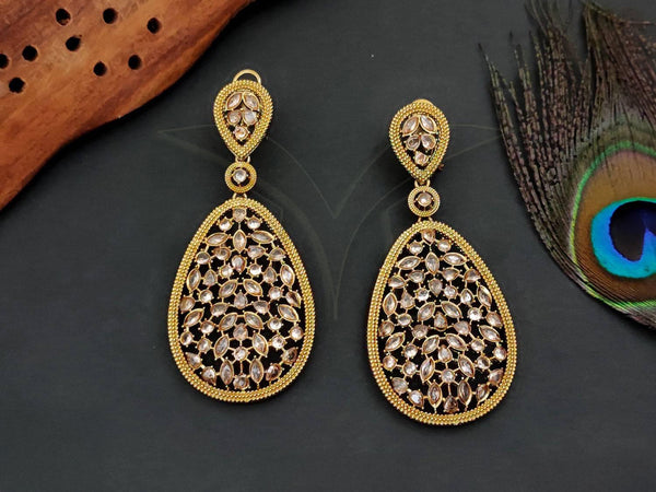 Antique Gold-Toned Teardrop Earrings with Intricate Stone Work