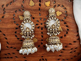 Antique Gold Jhumka Earrings with White Beads and Kundan Detailing