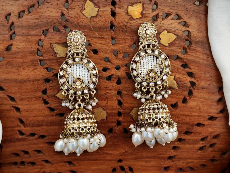 Antique Gold Jhumka Earrings with White Beads and Kundan Detailing