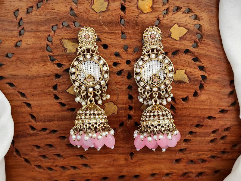Antique Gold Jhumka Earrings with White Beads and Kundan Detailing
