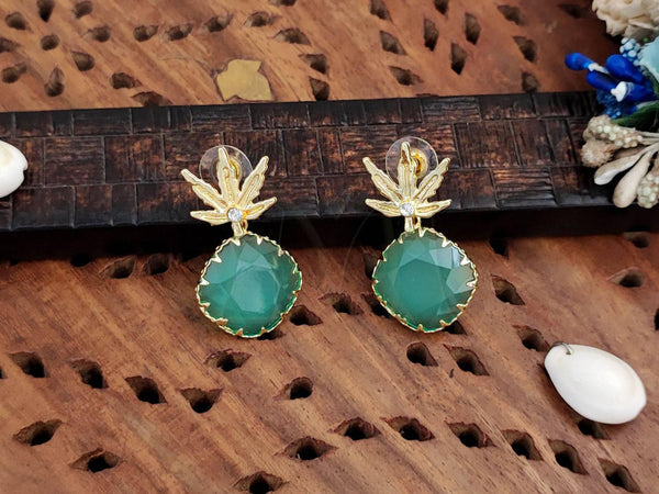 Gold-Plated Green Stone Drop Earrings with Leaf Motif
