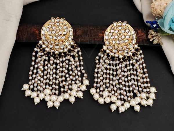Gold-Toned Kundan Pearl Waterfall Earrings with Floral Motif
