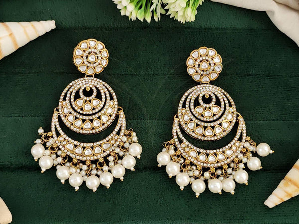 Gold-Plated Kundan Crescent Chandbali Earrings with Pearl Drops