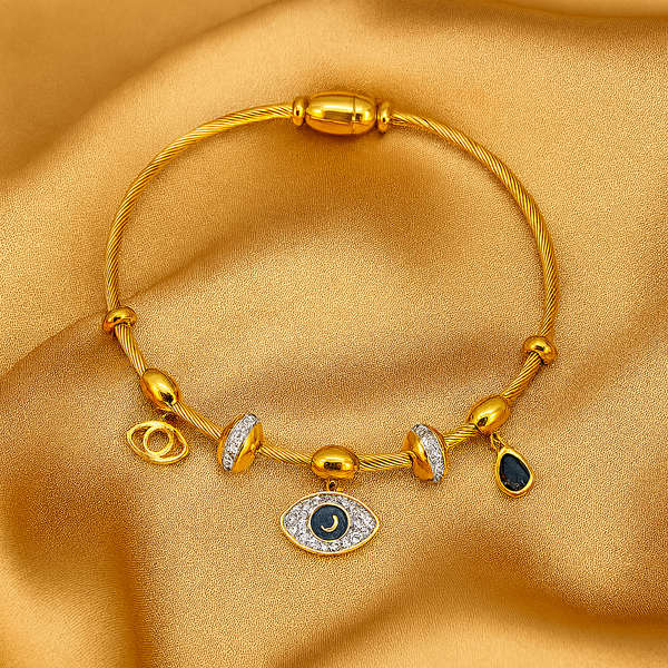 Gold-Plated Evil Eye Charm Cable Bracelet with Beads