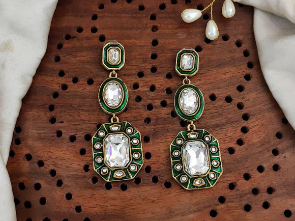Antique Gold-Toned Green Enamel Kundan Drop Earrings